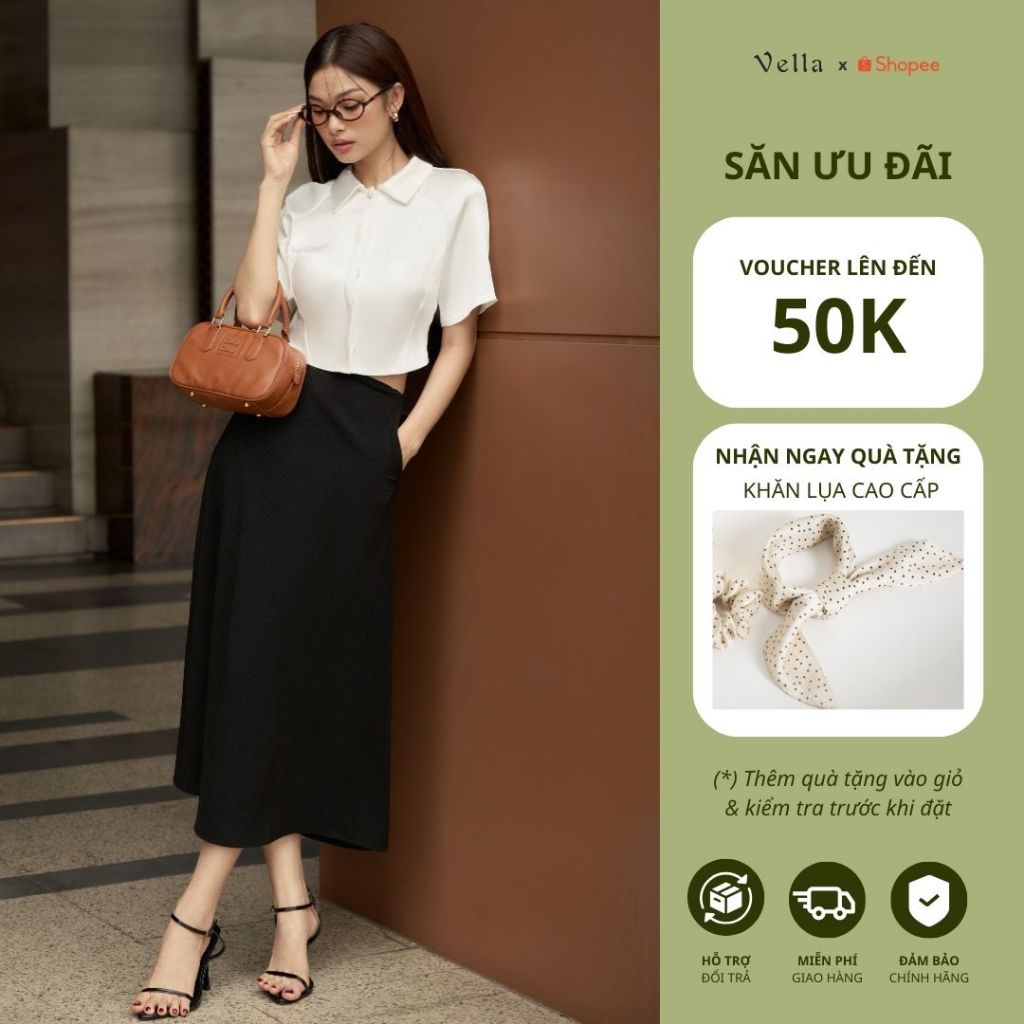 Vella Fashion set áo sơ mi croptop nữ tay ngắn kèm váy midi VA24052 VV24053