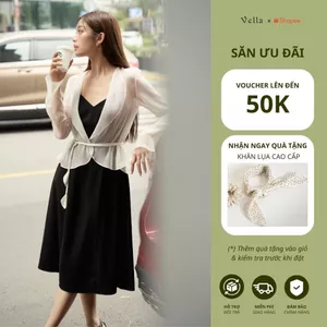 Vella Fashion Đâm hai dây màu đen kèm áo khoác voan dài tay nơ cách điệu VD24035