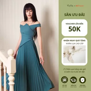 Vella Fashion đầm đi tiệc trễ vai tùng xòe xếp ly VD23104
