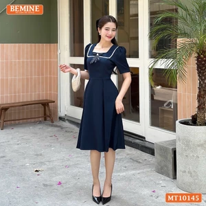 Đầm thiết kế BEMINE cổ vuông viền ren đính nơ dáng chữ A phù hợp đi làm-MT10145