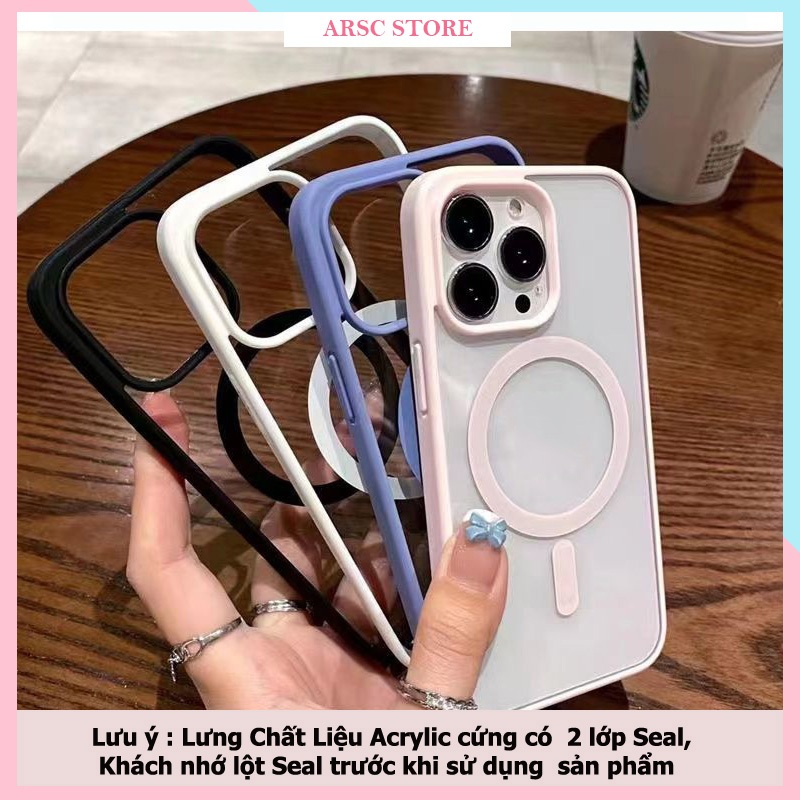 Ốp Lưng iphone Viền Silicon Lưng Acrylic Hỗ Trợ Sạc Từ Tính  cho Iphone XS Max 11 12 13 14 15 16 17 18 Pro Max Plus Air