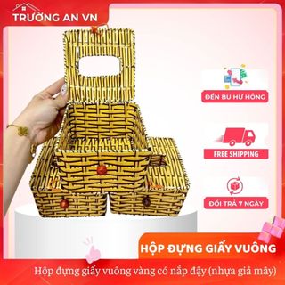 COMBO 2 Hộp đựng giấy vuông vàng có nắp đậy (nhựa giả mây) - Trường An VN