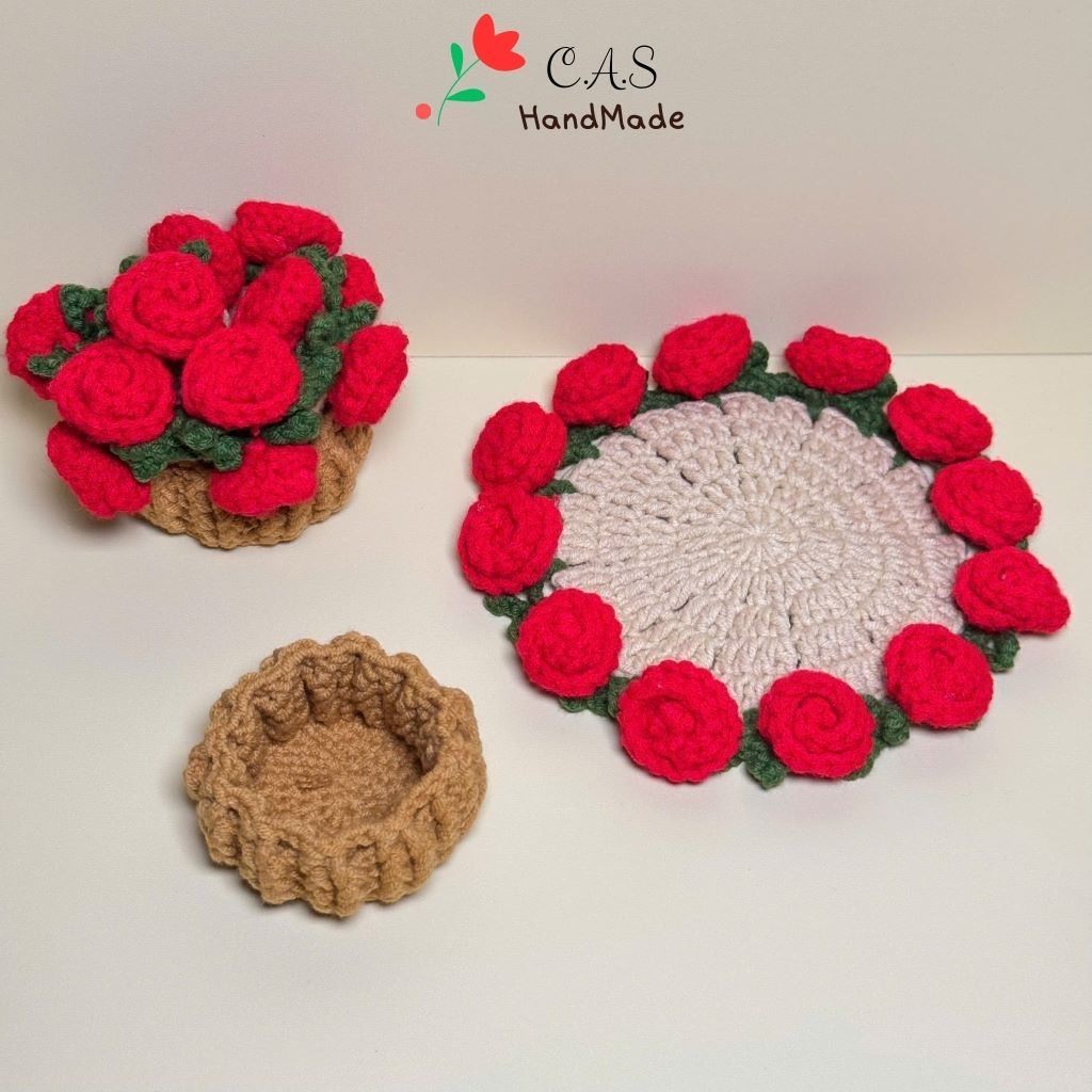 [Có sẵn] Lót ly bó hoa hồng, tulip handmade len cotton milk trang trí bàn siêu thấm dễ thương