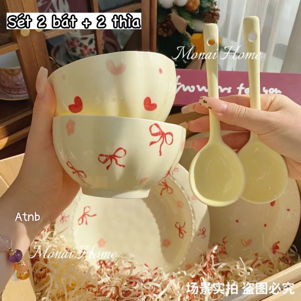 Set 2 bát +2 thìa hình tim nơ sang chảnh