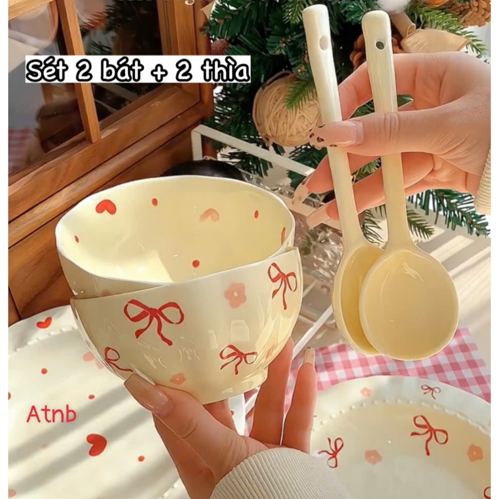 Set 2 bát +2 thìa hình tim nơ sang chảnh