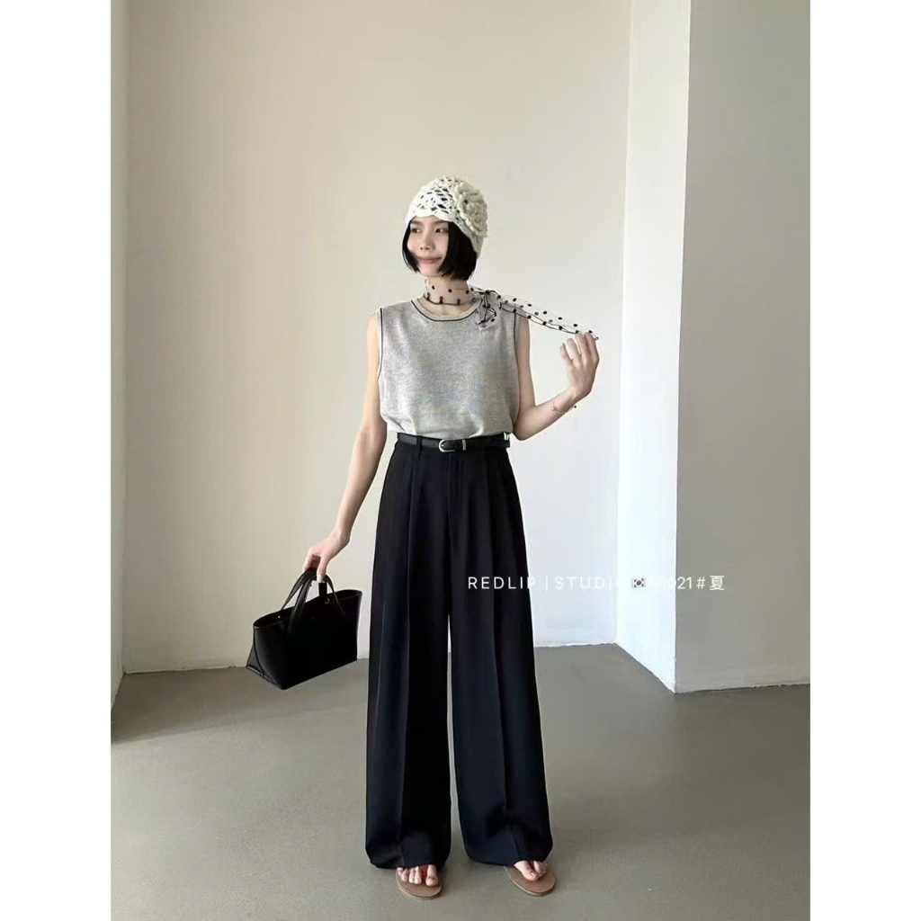 Quần ống rộng vải MISS trơn bản lưng màu kèm nịt