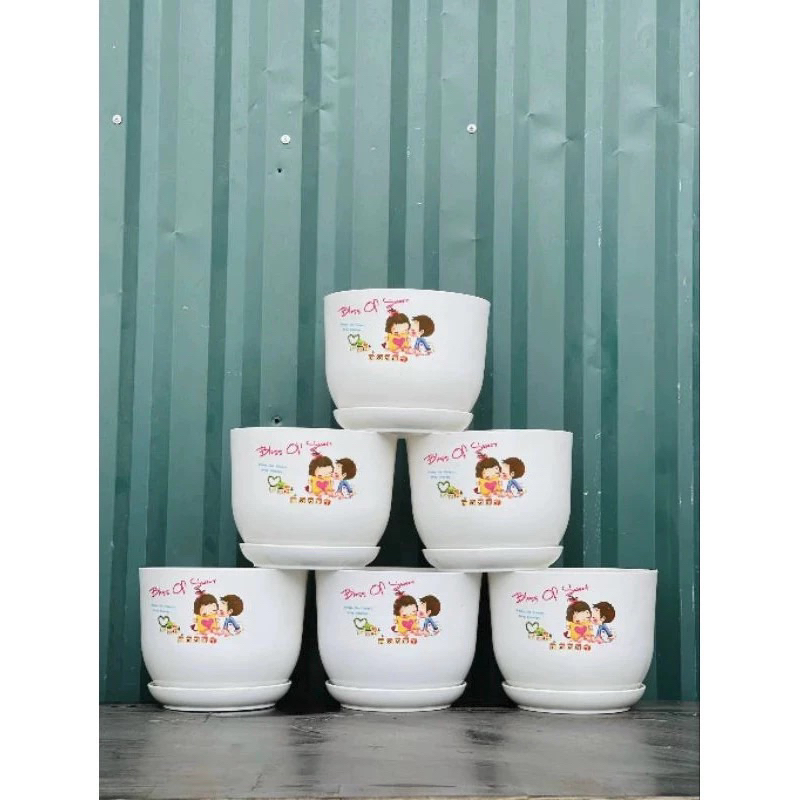(Chậu +đĩa) Chậu nhựa tròn kèm đĩa giả sứ cao cấp in hình trang trí, trồng cây