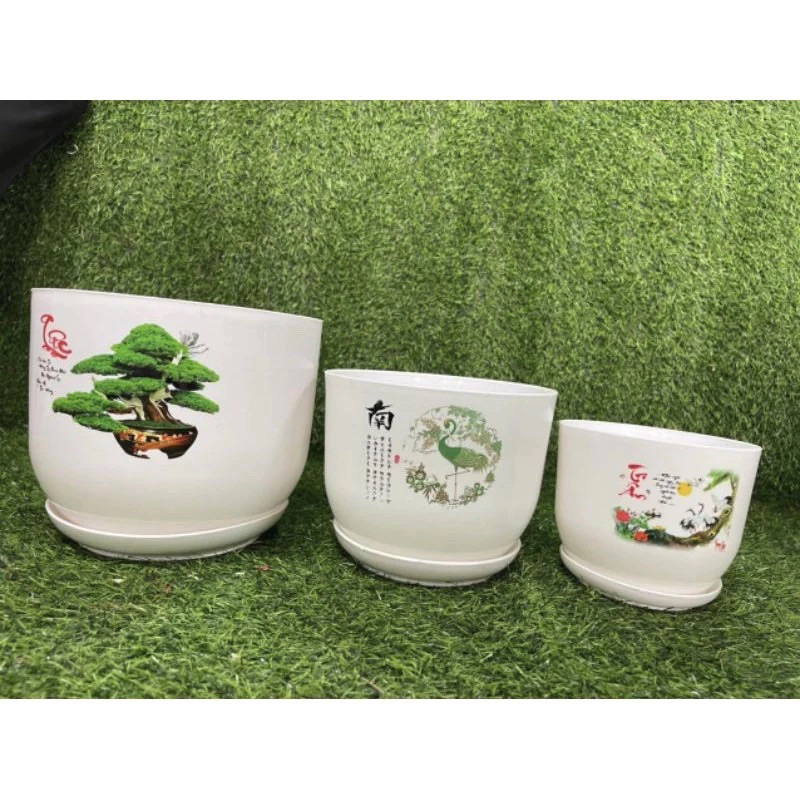 (Chậu +đĩa) Chậu nhựa tròn kèm đĩa giả sứ cao cấp in hình trang trí, trồng cây