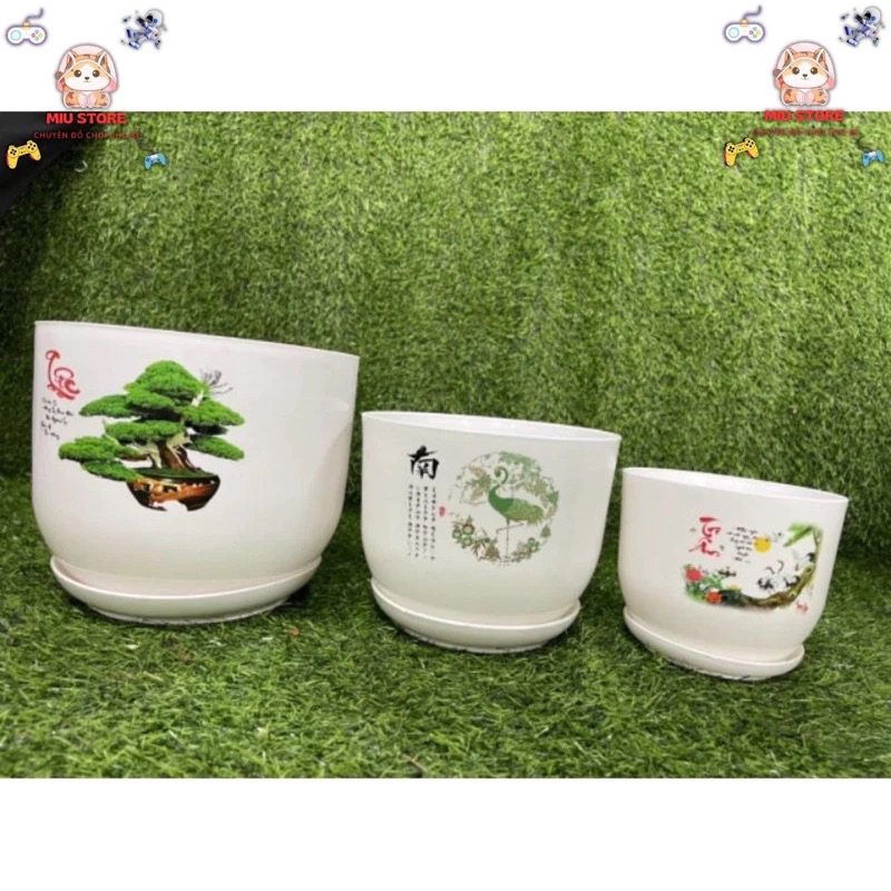 (Chậu +đĩa) Chậu nhựa tròn kèm đĩa giả sứ cao cấp in hình trang trí, trồng cây