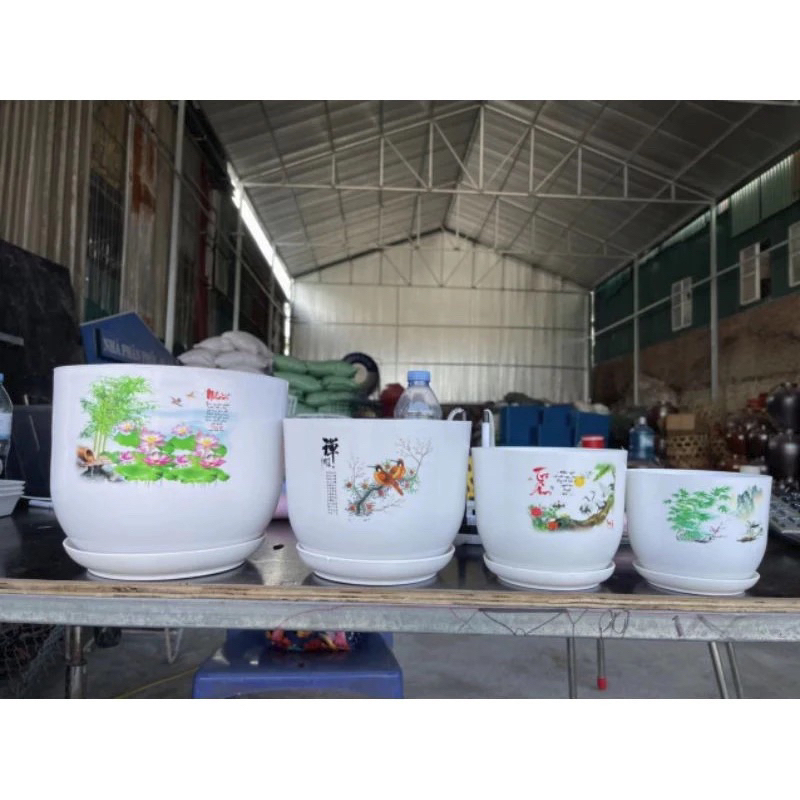 (Chậu +đĩa) Chậu nhựa tròn kèm đĩa giả sứ cao cấp in hình trang trí, trồng cây