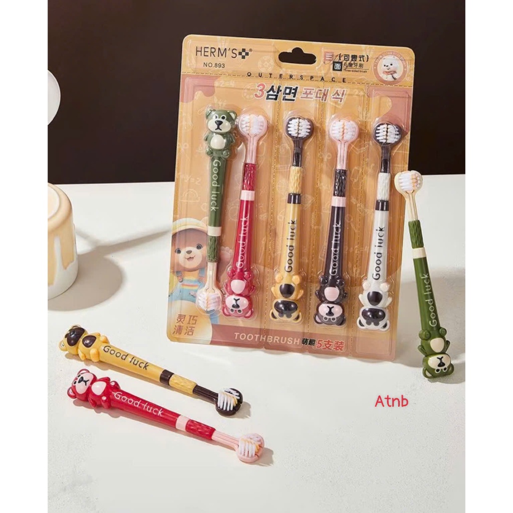 Vỉ 5 bàn chải 3 mặt hình gấu đáng yêu cho bé