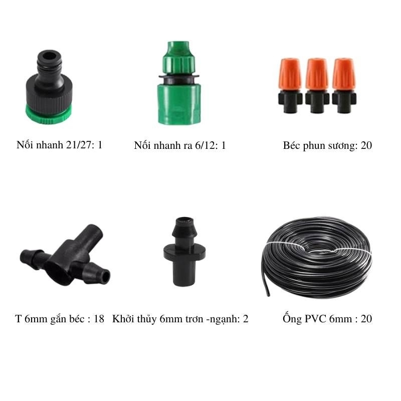 Bộ Kít phun sương tưới cây 20 béc đơn cam (Khớp ren vặn 21 27mm)