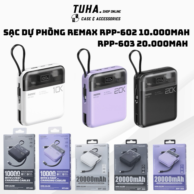 Pin sạc dự phòng Remax RPP-602 10.000mAh / RPP-603 20.000mAh có hai cáp ...