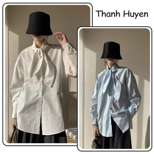 áo sơ mi nữ dài tay Gemy_official thiết kế cổ nơ form rộng bassic xinh xắn , áo sơ mi nữ cổ nơ