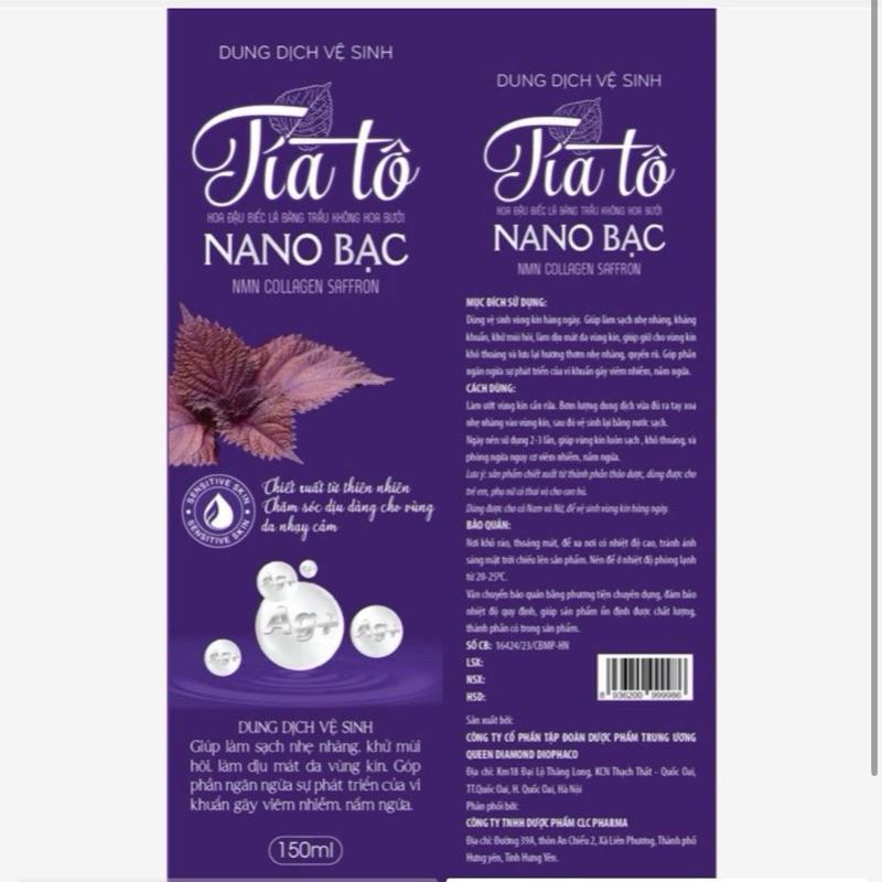 Combo 2 Chai Dung Dịch Vệ Sinh Tía Tô NANO BẠC  Làm Sạch Ngăn Ngừa Viêm Nhiễm, Làm thơm vùng kín