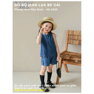 Đồ bộ hè bé gái.Set bộ hè jean bé gái phong cách Hàn Quốc sát nách, quần short.Set bộ bò năng động bé gái 11-40kg Hilary