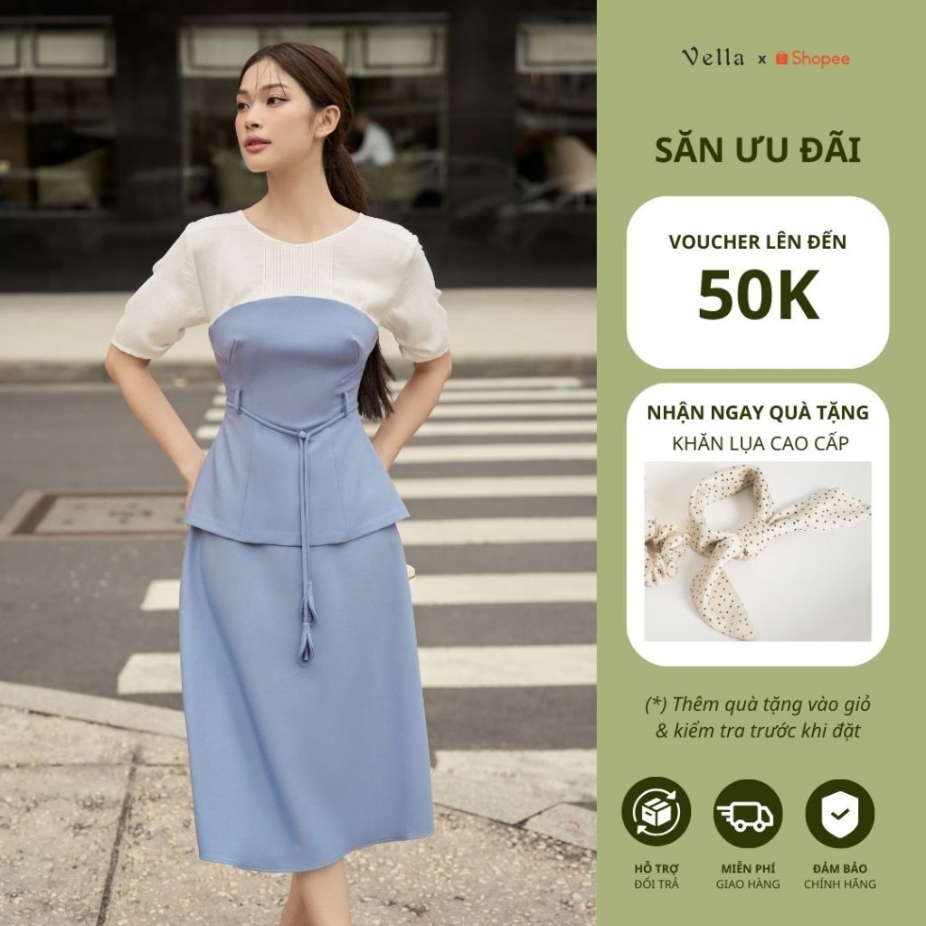 Vella Fashion đầm midi dáng peplum tay ngắn, váy dự tiệc thắt lưng hoa VD24045 - Size S