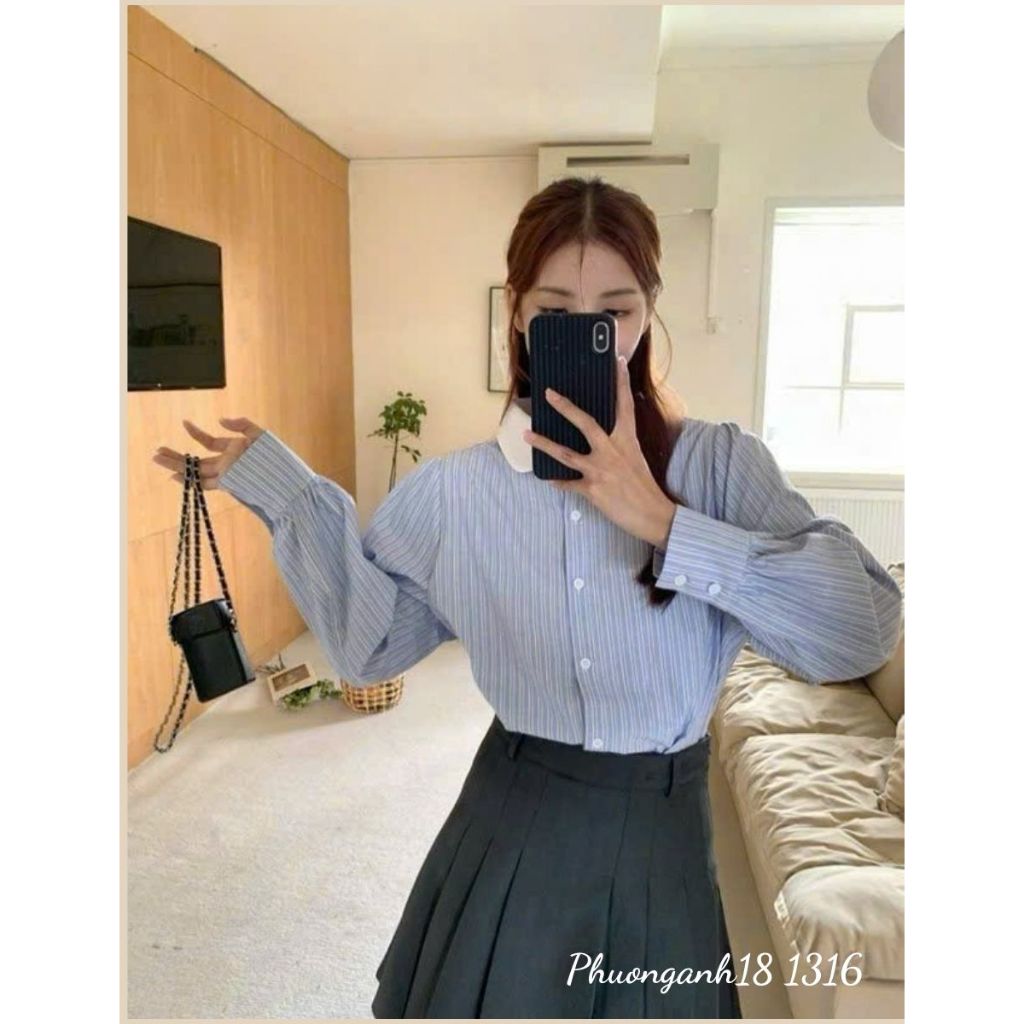 [ Deal mở bán] Áo Sơ mi tay dài kẻ sọc phối cổ trắng hàng Qc A1316