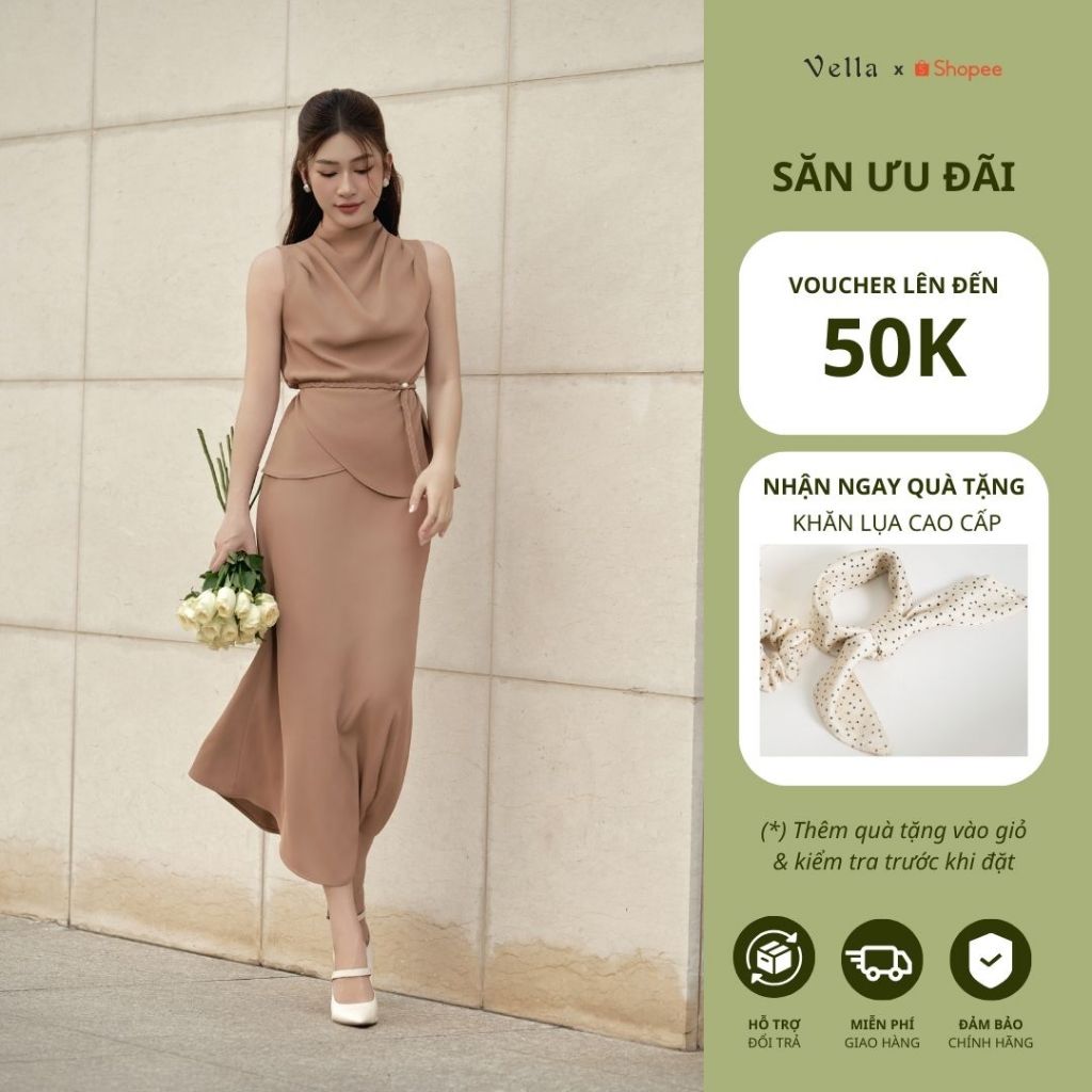 Vella Fashion set áo kiểu cổ đổ không tay và chân váy midi VA24096 VV24097 - BELLA Set