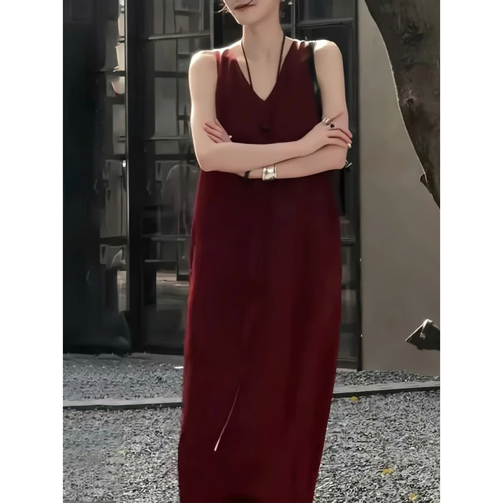 Thước dây K9 - Đầm suông sát nách cổ chữ V K9 đầm suông chất Modal phong cách Hàn Quốc