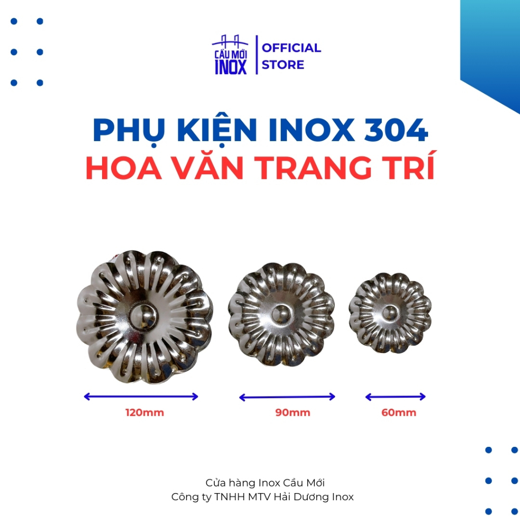 Hoa mai vàng, bạc, hoa cúc inox 304, đường kính 60mm đến 120mm, hoa văn trang trí cửa cổng