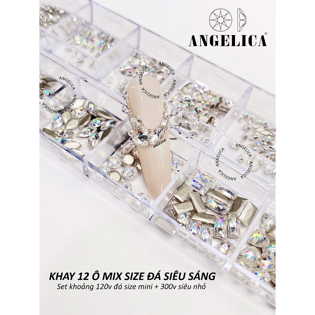 khay 12 Ô Mix Size Đá Siêu Sáng ANGELICA ( 420 Viên ) - Trang Trí Móng Siêu Đẹp K12-DSS