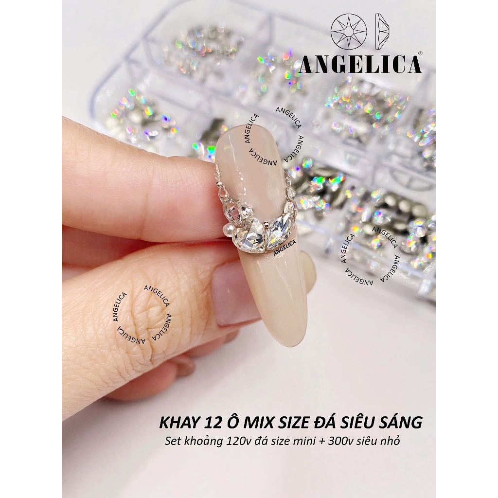 khay 12 Ô Mix Size Đá Siêu Sáng ANGELICA ( 420 Viên ) - Trang Trí Móng Siêu Đẹp K12-DSS
