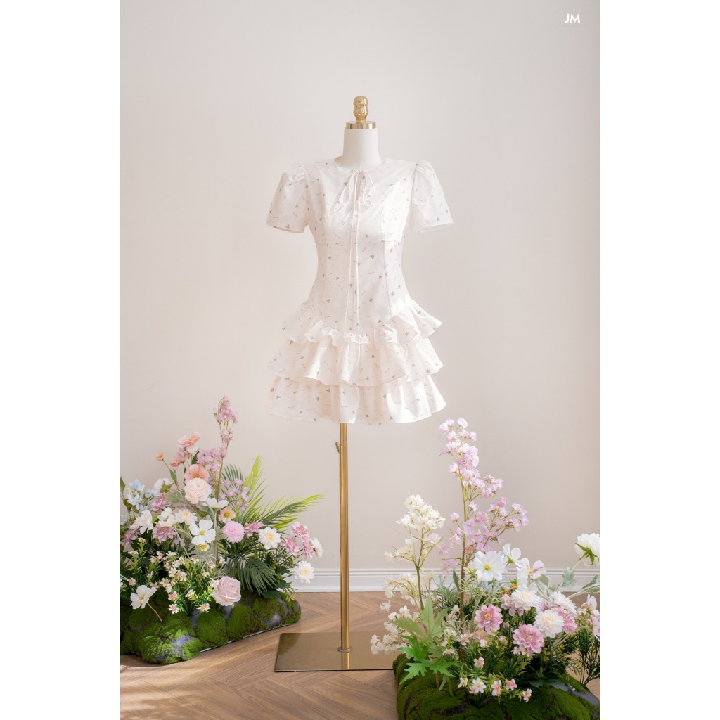 Đầm cổ tròn nhún tầng chân 1R12.2503K, váy đầm tay bồng dáng a xòe tầng tiểu thư nữ tính thiết kế bởi JM Dress Design