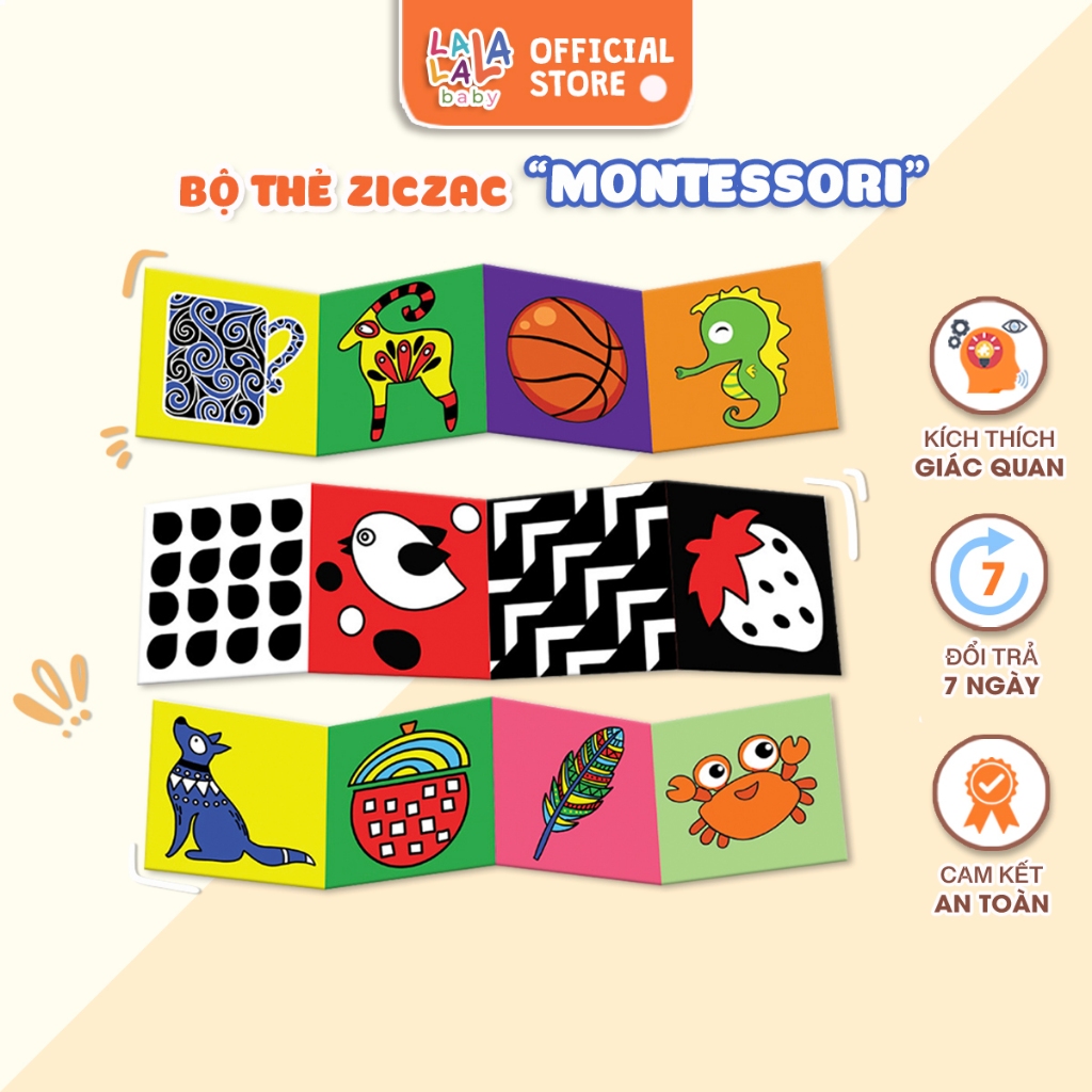 Bộ thẻ kích thích thị giác Montessori Lalala Baby cho trẻ sơ sinh phát triển toàn diện dạng đứng ZIG ZAC và FLASHCARDS