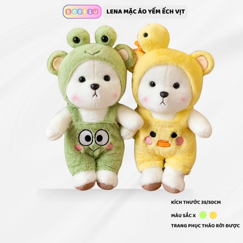 Gấu bông lena cosplay đội mũ vịt và ếch đáng yêu gấu lena mặc áo yếm động chất liệu lông thỏ cao cấp
