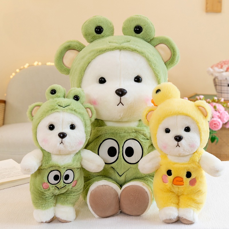 Gấu bông lena cosplay đội mũ vịt và ếch đáng yêu gấu lena mặc áo yếm động chất liệu lông thỏ cao cấp