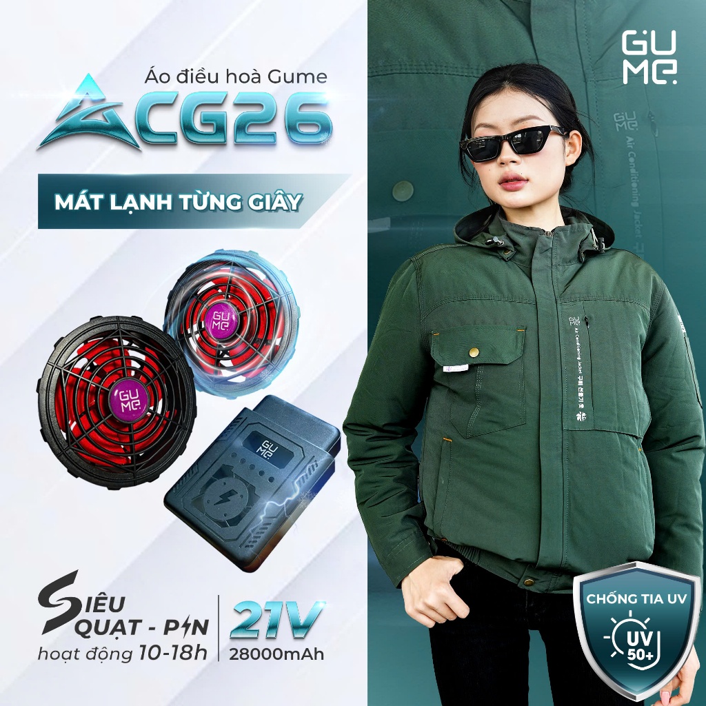 Áo điều hoà chính hãng GUME ACG26 Pin 28000mha, quạt 21V siêu mạnh, chống tia uv, bảo hành 12 tháng