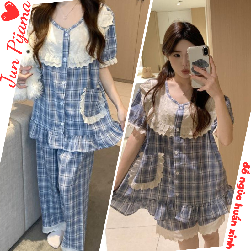 Bộ ngủ cotton nữ cao cấp kẻ caro tay ngắn màu xanh dương, bộ pijama nữ mặc nhà cổ ren vintage dễ thương HCOM26029