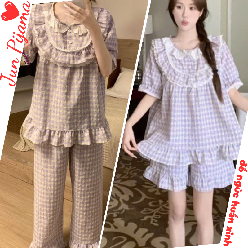 Bộ ngủ cotton nữ cao cấp kẻ caro tím trắng tay ngắn quần dài, bộ pijama nữ mặc nhà  viền bèo nhún dễ thương hcom26030