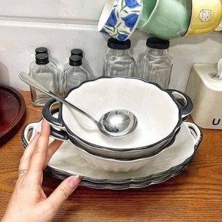 Tô Tròn 2 Quai Viền Đen Sứ Xương Cao Cấp