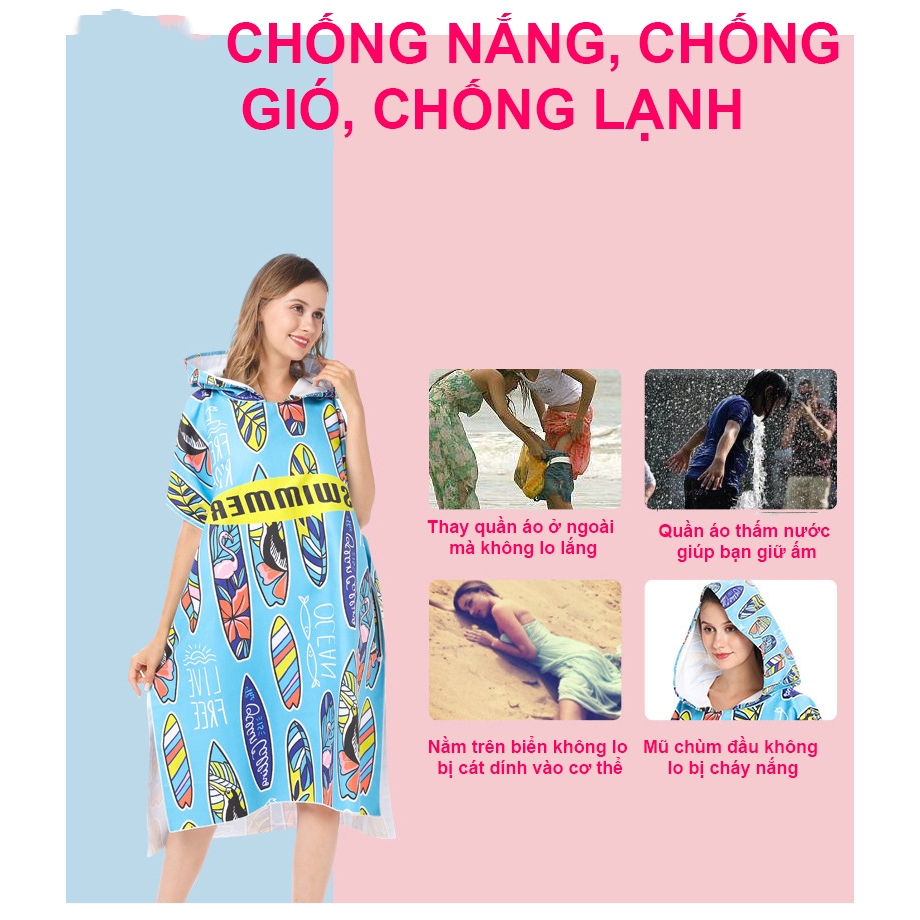 Áo choàng tắm người lớn có mũ vải sợi nhỏ thấm hút nhanh, đi bơi, đi du lịch SPORTY BT4
