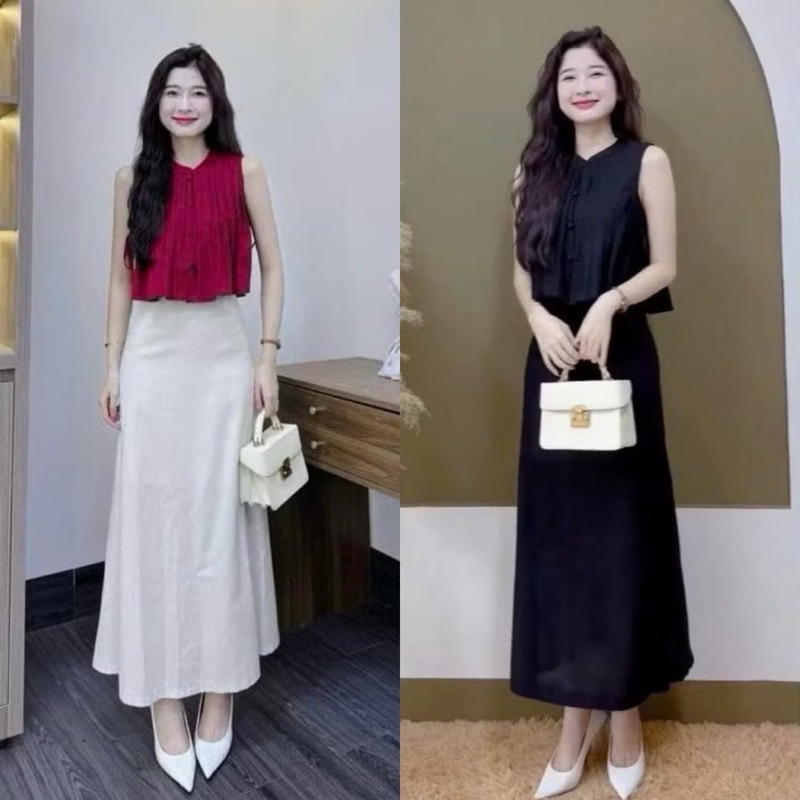 L353- sét váy nữ, áo xếp ly nút bọc form xòe, chân váy mango dáng dài (40-62kg)