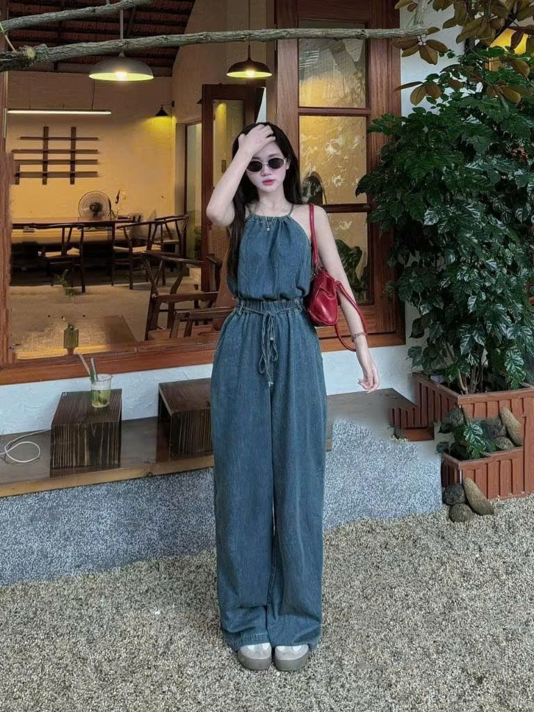 DX_ Set công sở, Jumpsuit jean, jump Quảng Châu cổ yếm quần suông dài thắt dây rút cao cấp