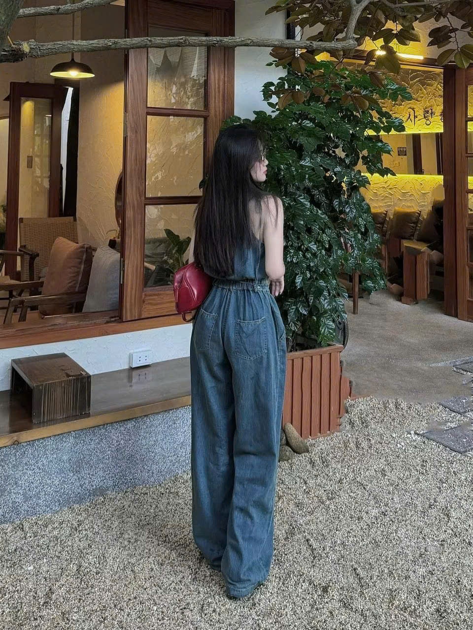 DX_ Set công sở, Jumpsuit jean, jump Quảng Châu cổ yếm quần suông dài thắt dây rút cao cấp