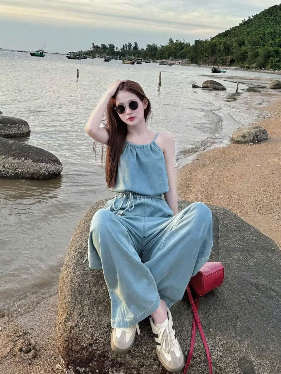 DX_ Set công sở, Jumpsuit jean, jump Quảng Châu cổ yếm quần suông dài thắt dây rút cao cấp
