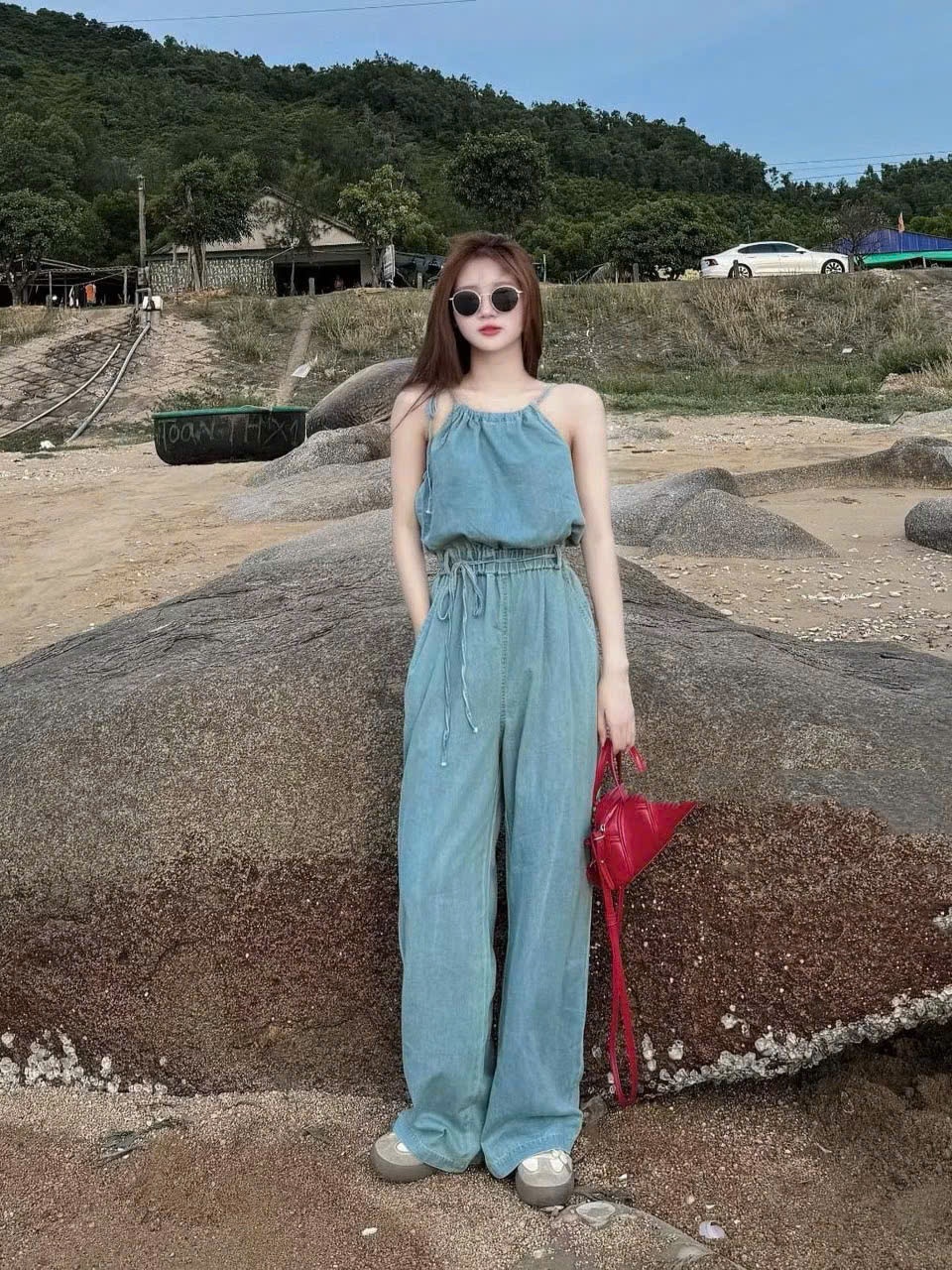 DX_ Set công sở, Jumpsuit jean, jump Quảng Châu cổ yếm quần suông dài thắt dây rút cao cấp
