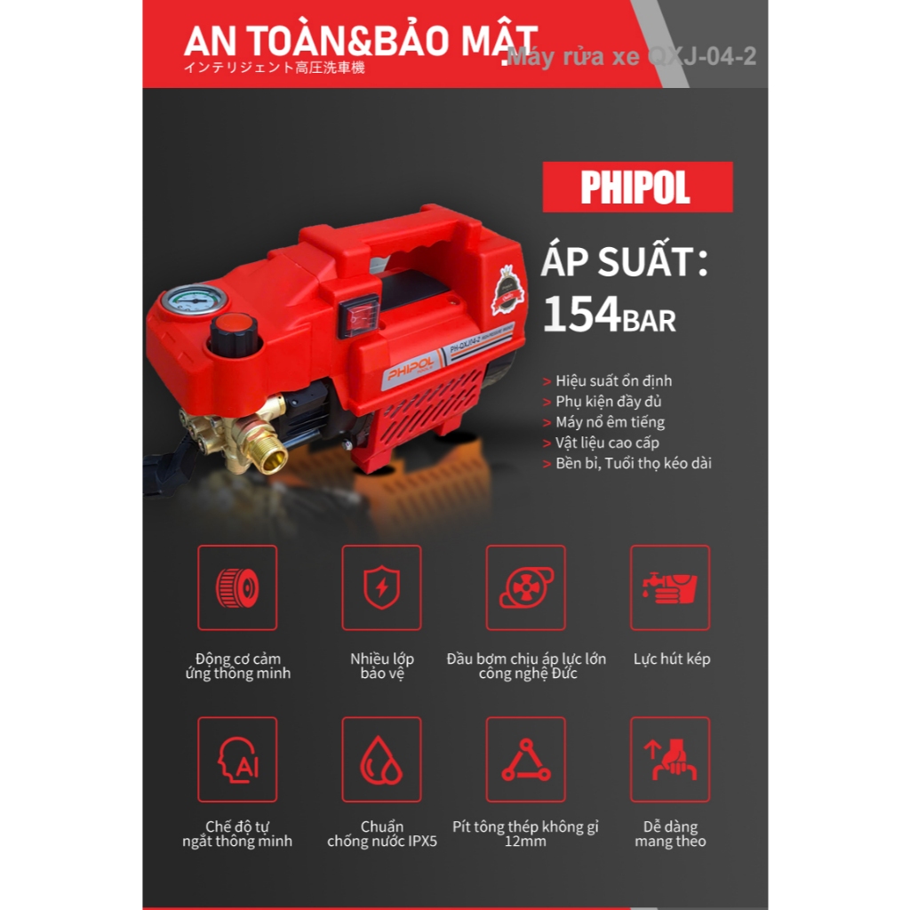 Máy rửa xe mini PHIPOL QXJ-04 Máy xịt rửa xe cao áp  2300W Có áp chống giật - Chống cháy giá rẻ