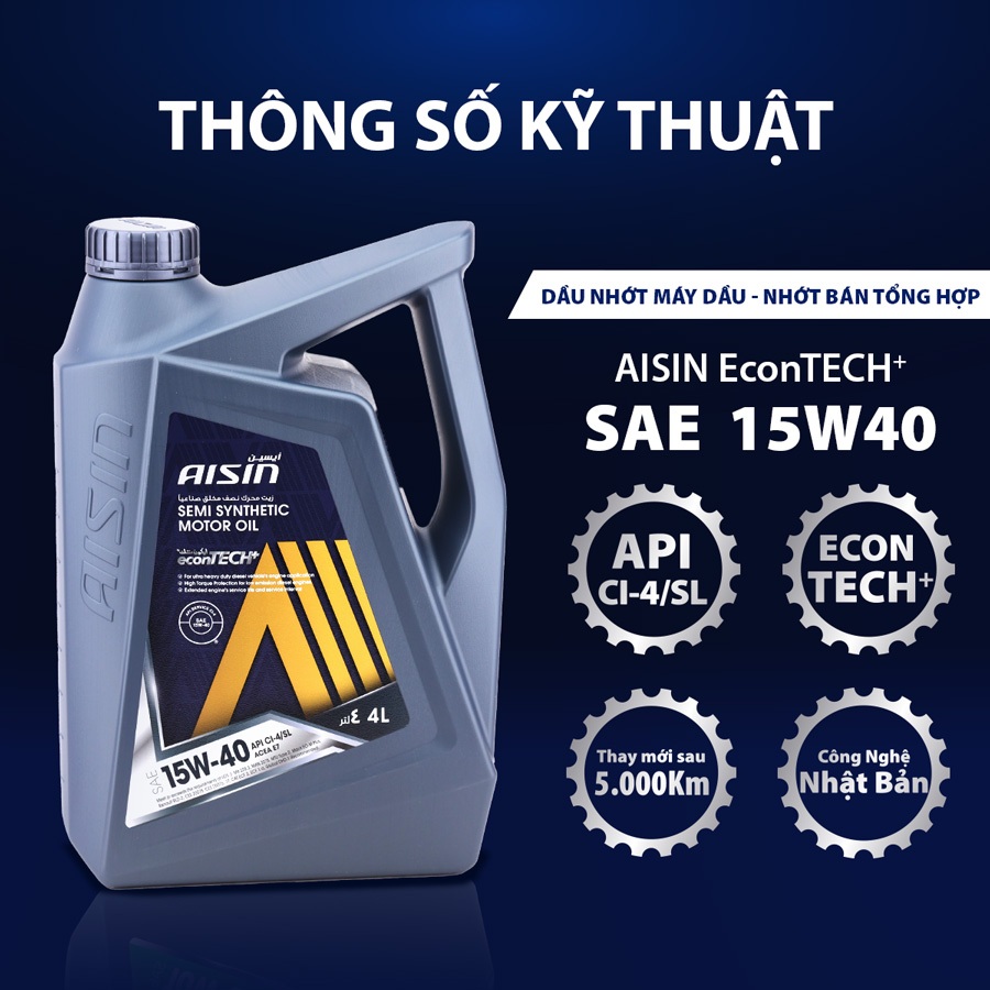 Dầu Nhớt Bán Tổng Hợp AISIN Econtech+ CI4/SL 15W40 4 Lít ECSI1544P