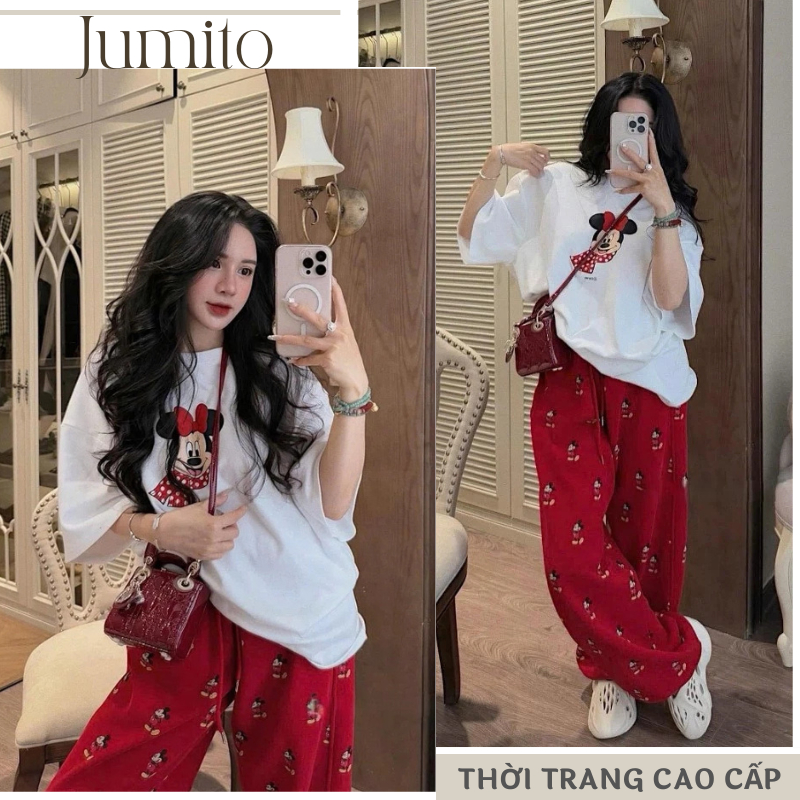 Bộ cotton nữ quần ống rộng áo thun in minnie dễ thương, set quần áo nữ mùa hè áo phông in hình ngộ nghĩnh HCOM25561