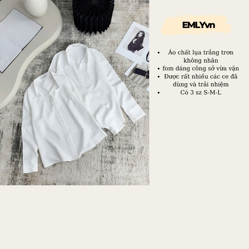 EMLY - Áo Sơ Mi Nữ Lụa Trắng Trơn Dài Tay, Áo Sơ Mi Công Sở Sơ Mi Dài Tay Nữ ( KHÔNG BỊ NHĂN )