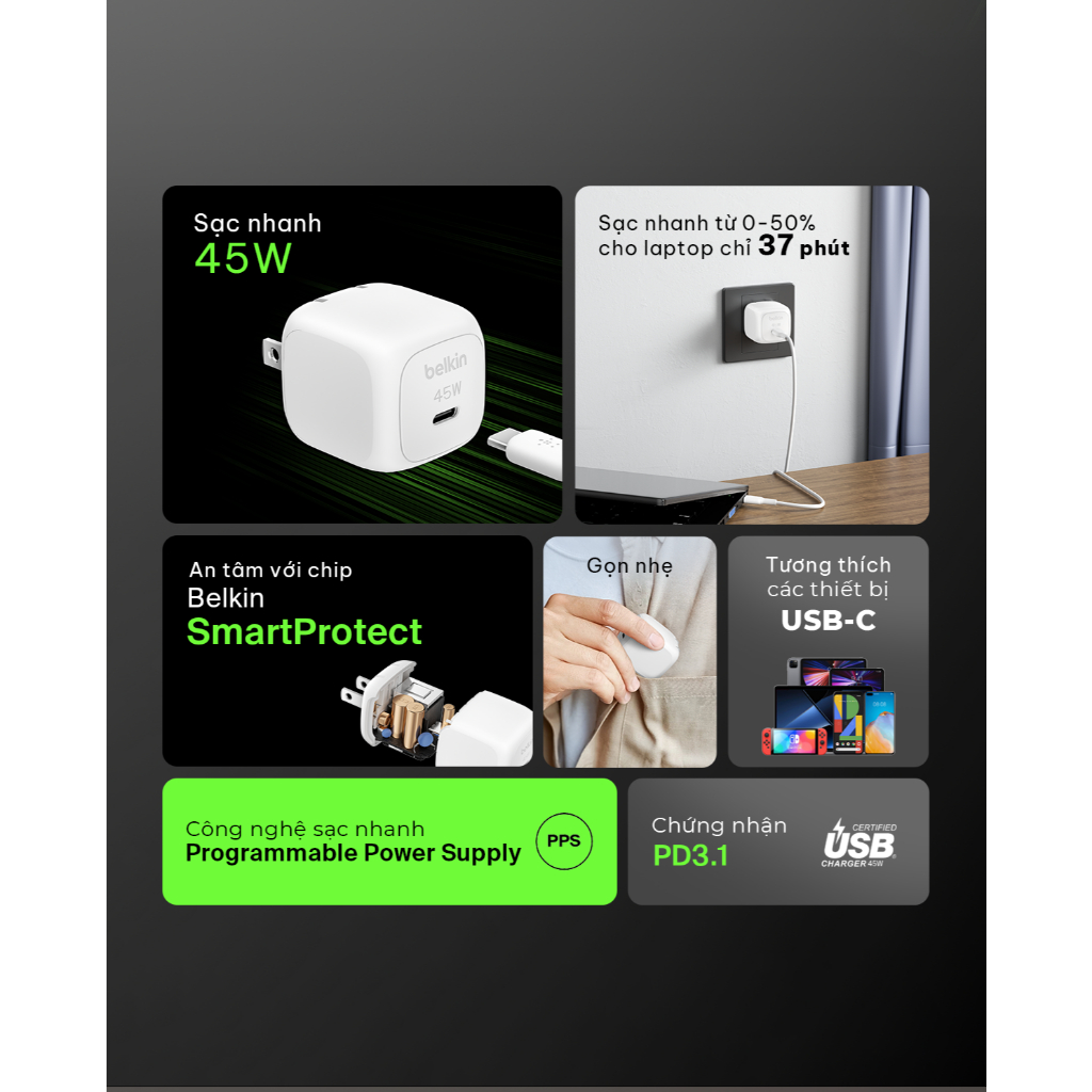 Ảnh Củ sạc nhanh 45W Belkin | chuẩn USB-C PD PPS Cubic Wall Charger | Nhỏ gọn, An toàn, chuẩn sạc nhanh 2