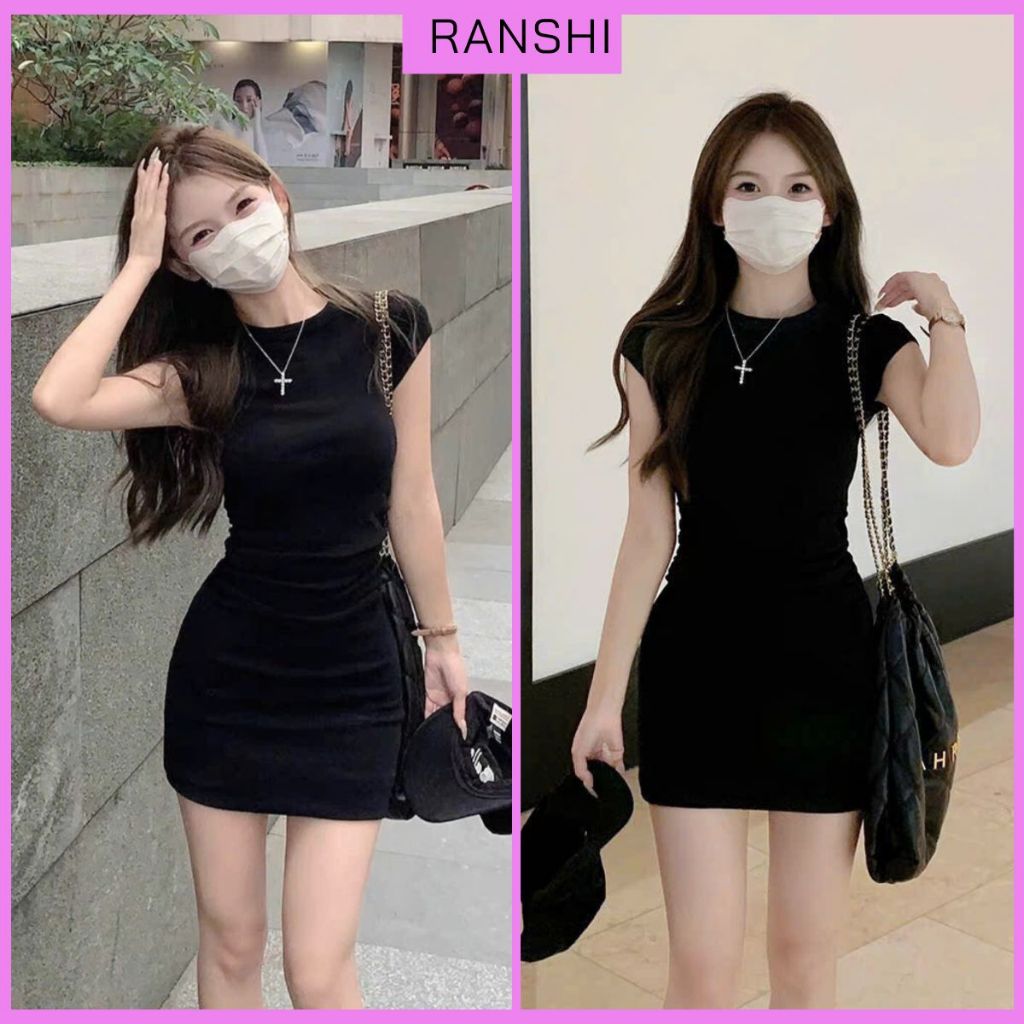 [CÓ SIZE] Đầm Body Ngắn Tay Cổ Tròn RANSHI Váy Dáng Ngắn Nhún Eo Tôn Body Sexy Quyến Rũ Chất Thun Gân Dày - RBD148