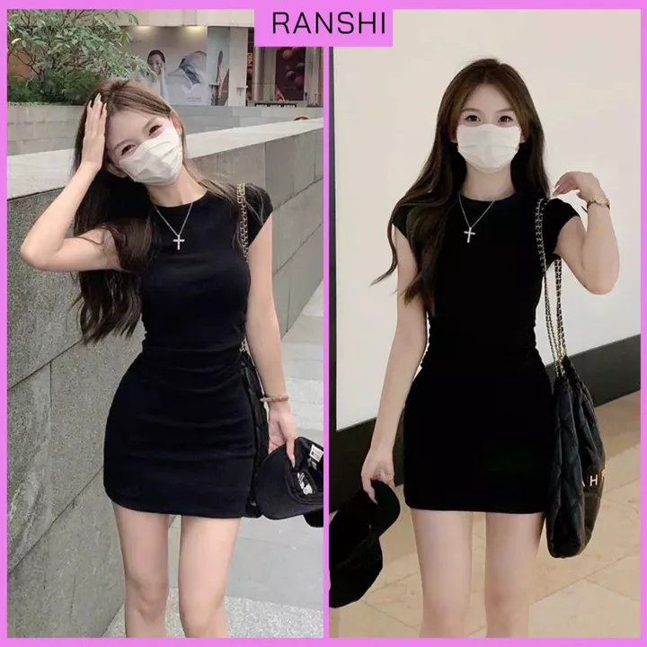 Đầm Body Ngắn Tay Cổ Tròn RANSHI Váy Dáng Ngắn Nhún Eo Tôn Body Sexy Quyến Rũ Chất Thun Gân Dày - RBD148