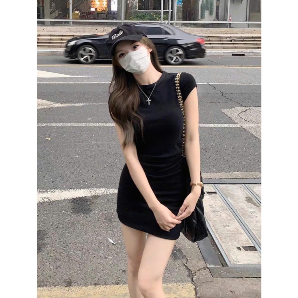 [CÓ SIZE] Đầm Body Ngắn Tay Cổ Tròn RANSHI Váy Dáng Ngắn Nhún Eo Tôn Body Sexy Quyến Rũ Chất Thun Gân Dày - RBD148