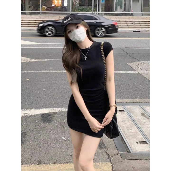 Đầm Body Ngắn Tay Cổ Tròn RANSHI Váy Dáng Ngắn Nhún Eo Tôn Body Sexy Quyến Rũ Chất Thun Gân Dày - RBD148